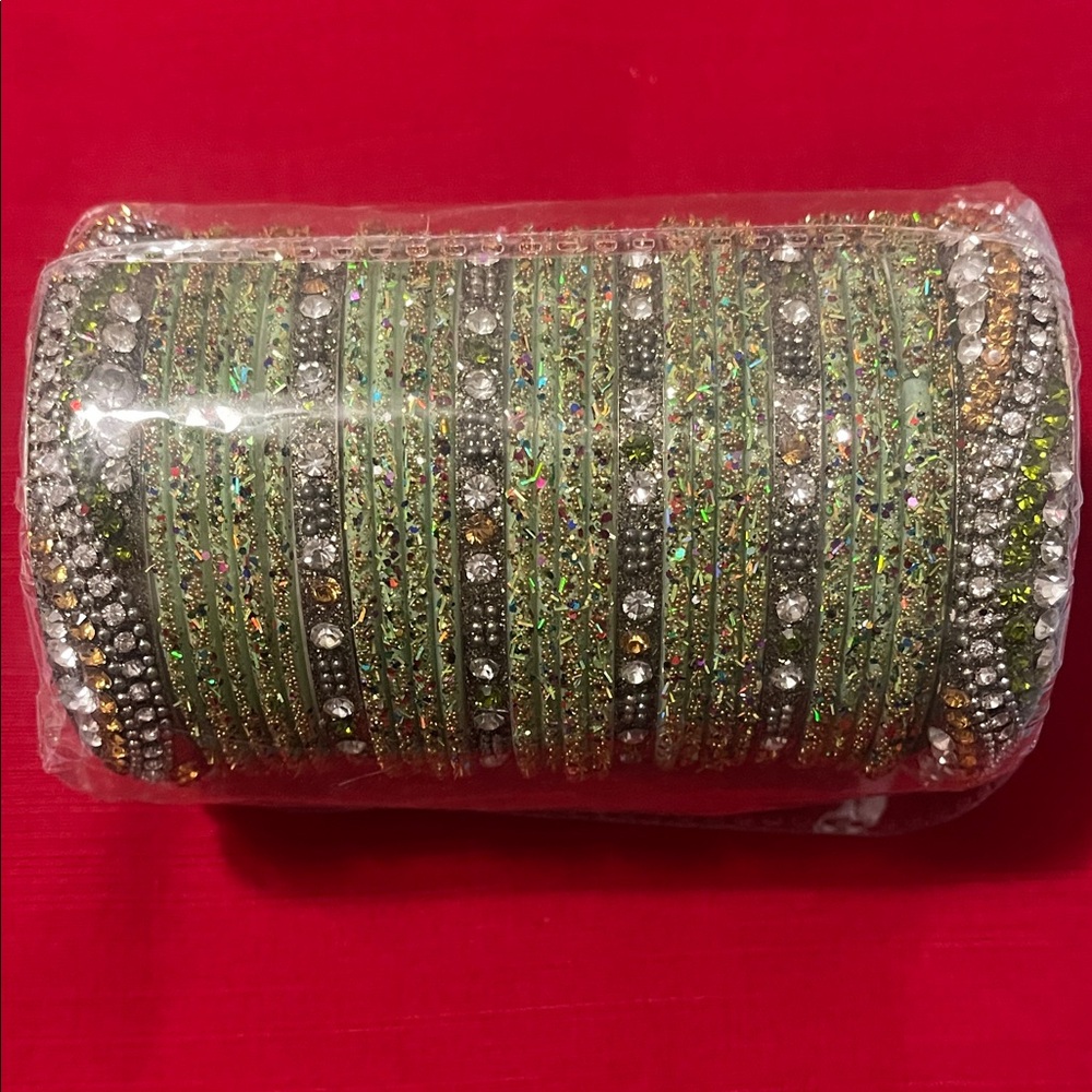 Elegant Green and Silver Bangle Set